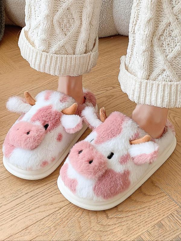 Women's Cute Cow Design Plush Slippers, Warm Bedroom Fuzzy Slippers, Silent Anti-slip Shoes Slippers for Indoor, Outdoor