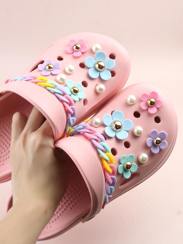 18pcs Novelty Multicolor Chain & Flowers & Faux Pearls Design Shoes Decorations, Fashionable Unique Shoes Accessories Gifts For Clogs Design