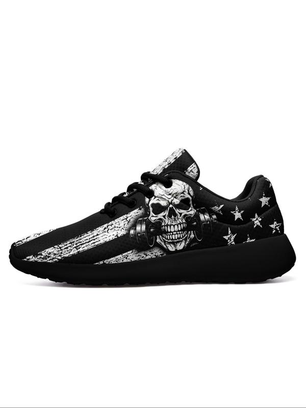 Men's Fashionable Flag & Skull Print Lace Up Low Top Sneakers, Casual Comfortable Breathable Sports Running Shoes, Male All-match Round Toe Casual Shoes for Men, Mens Sneakers