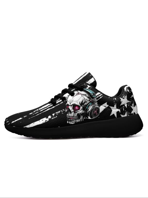 Men's Fashionable Flag & Skull Print Lace Up Low Top Sneakers, Casual Comfortable Breathable Sports Running Shoes, Male All-match Round Toe Casual Shoes for Men, Mens Sneakers