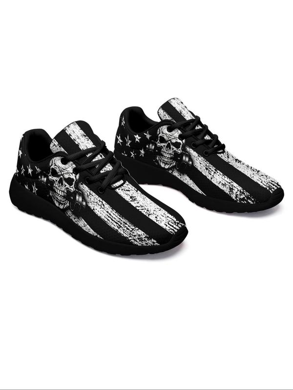 Men's Fashionable Flag & Skull Print Lace Up Low Top Sneakers, Casual Comfortable Breathable Sports Running Shoes, Male All-match Round Toe Casual Shoes for Men, Mens Sneakers