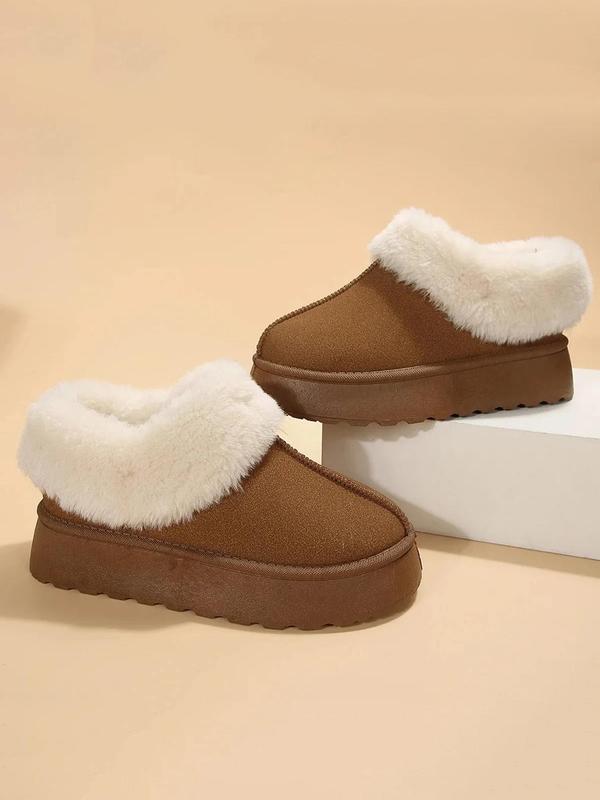 Women's Solid Color Contrast Faux Fur Slippers, Casual Soft Comfortable Home Slippers, Warm Slippers for Indoor & Outdoor Use for Fall & Winter