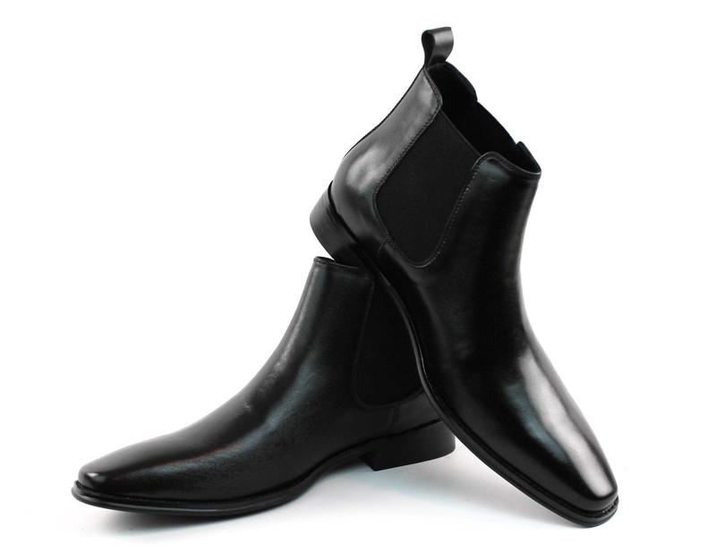 Men's Real Leather Black Chelsea Boots Ankle High Pull On Round Toe Slip Resistant Block Heel AZARMAN