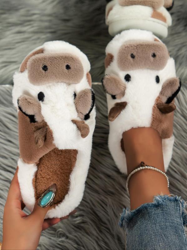 Women's Cute Cow Design Plush Slippers, Warm Bedroom Fuzzy Slippers, Silent Anti-slip Shoes Slippers for Indoor, Outdoor