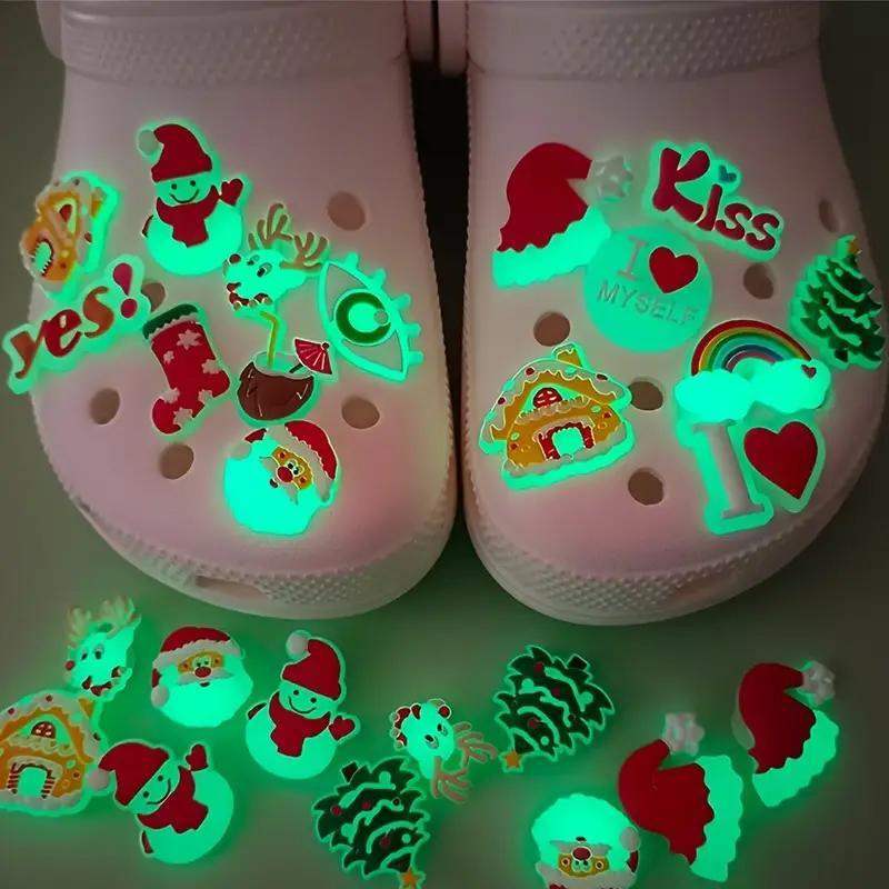 Mixed Style Luminous Christmas Themed Shoe Charms, 12pcs set Cute Cartoon Shoe Decoration, Glow in The Dark Shoe Accessories for Clogs Bubble Slides