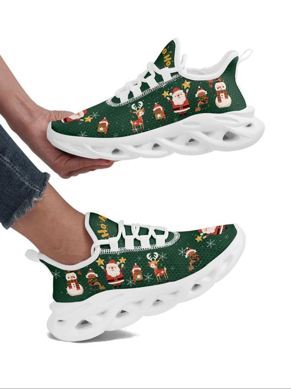 Women's Christmas Theme Santa Claus & Elk Pattern Sneakers, Comfortable Breathable Blade Sole Sports Running Shoes, Female All-match Round Toe Shoes for Daily Wear