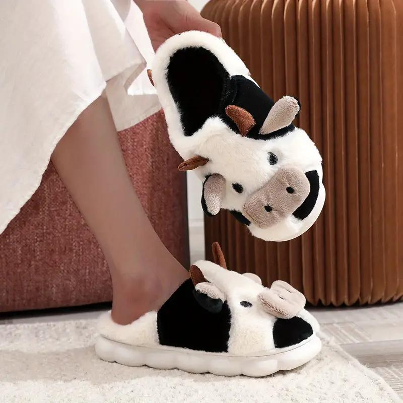 1 Pair Best-selling Cute Cow House Slippers for Couple, Kawaii Fuzzy Cozy Funny House Shoes, Cartoon Animal Design Plush Fluffy Slippers for Women & Men, Silent Anti-slip Slippers, Matching Trendy Warm Slippers