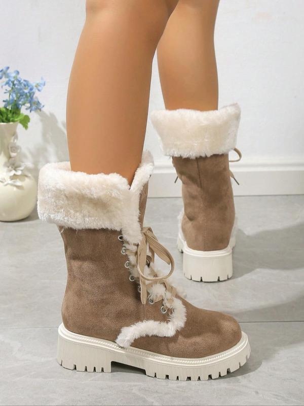 Women's Fashionable Contrast Faux Fur Snow Boots, Casual Warm Lace Up Boots for Winter, Female All-match Trendy Shoes for Daily Wear