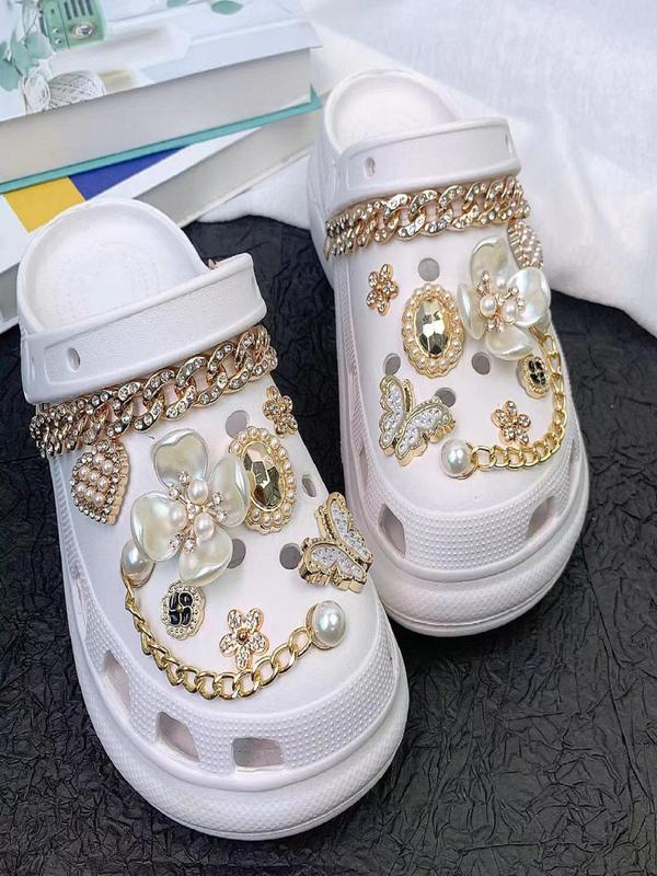 Faux Pearl & Rhinestone Decorated Shoe Charms, Butterfly & Heart Design Chain Shoe Decoration, Fashionable Shoes Decorations for Women & Girls