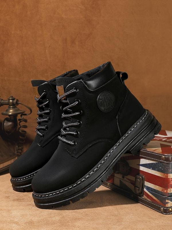 Men's Fashion Patched Design Lace up Pu Leather Boots, Casual Comfortable Mid-calf Boots for Boy, Fashion All-match Leisure Style Combat Boots for Daily Life, Winter Footwear