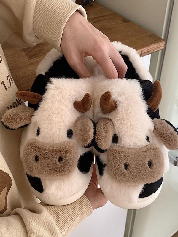 Women's Cartoon Cute Cow Design Plush Slippers, Warm Bedroom Fuzzy Platform Slippers for Daily Wear, Girl's Casual No-slip Chunky Slippers for Fall & Winter