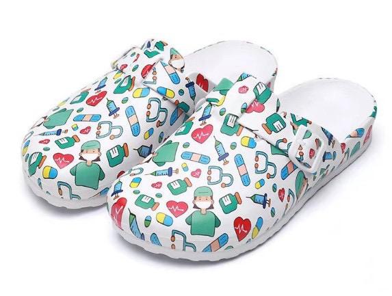 Nurses Doctors CNAs CMAs Med Techs Healthcare Workers Cartoon Print Platform EVA Clogs Mules - Girls Walking Shoes with Beautiful Print - Women Footwear Comfort Lightweight Buckle