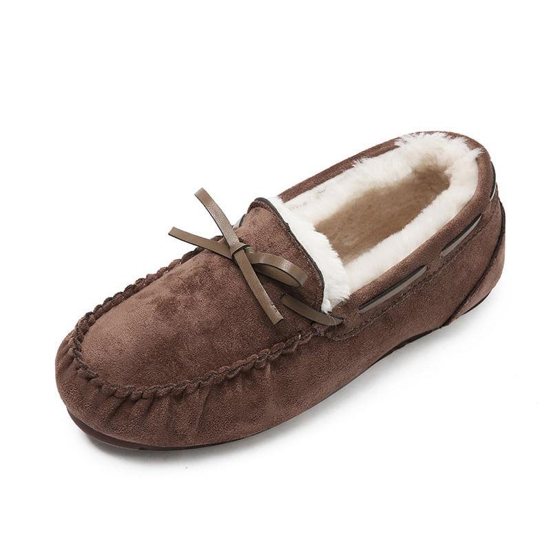 Women's Moccasin Slippers Micro Suede Warm Faux Fur Pile Lined Lace-Up Cozy Bow Indoor & Outdoor Moccasins Slip On Loafers Shoes for Women