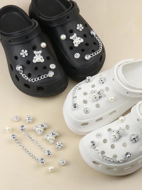 Cute Chain & Faux Pearl & Bear Decorated Shoes Jewelry (10 12pcs), Rhinestone Decor Shoes Accessories for Women's Clogs, Fashionable Shoes Accessories for Clogs