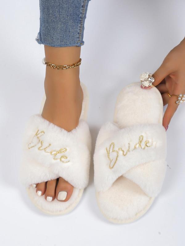 Women's Classic Letter Design Plush Slippers, Soft and Comfortable Bedroom Slippers, Slippers for Indoor Use for Fall & Winter