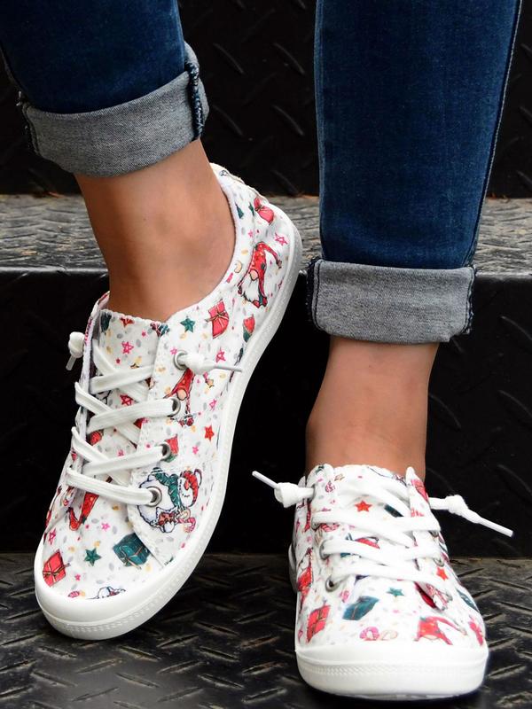 Women's Fashionable Cartoon Christmas Print Lace Up Low Top Sneakers, Casual Comfortable Round Toe Shoes for Daily Wear, Female All-match Shoes for Daily Wear