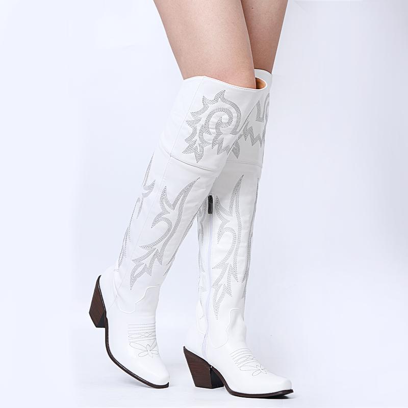 Over the Knee Cowgirl Boots for Women Pointed Toe Embroidered Western Boots with Side Zipper Chunky Long Cowboy Boots