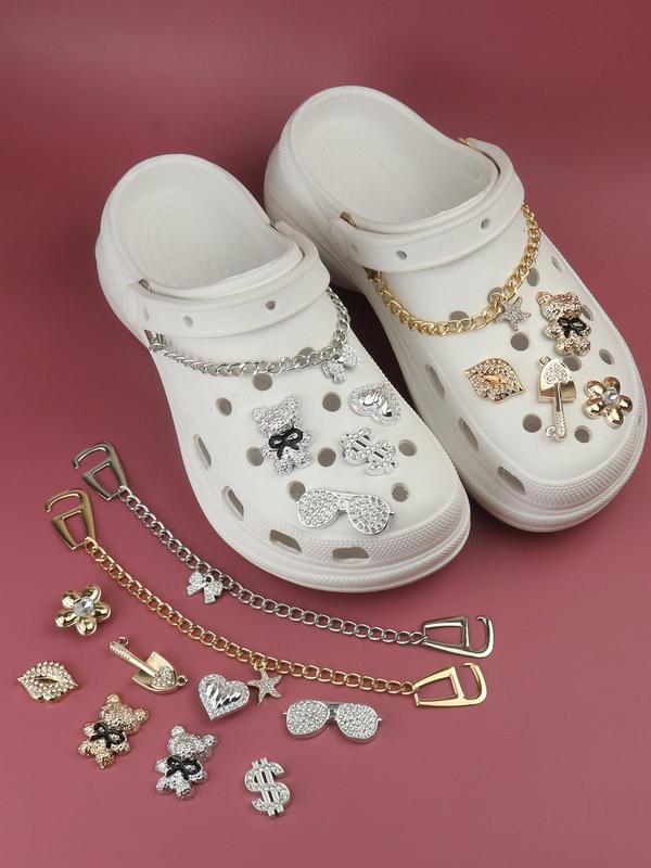 Cute Bear & Heart & Flower & Chain Decorated Shoe Charms, Fashionable DIY Shoes Decorations for Clogs, Bubble Slides, Sandals, Shoes Accessories