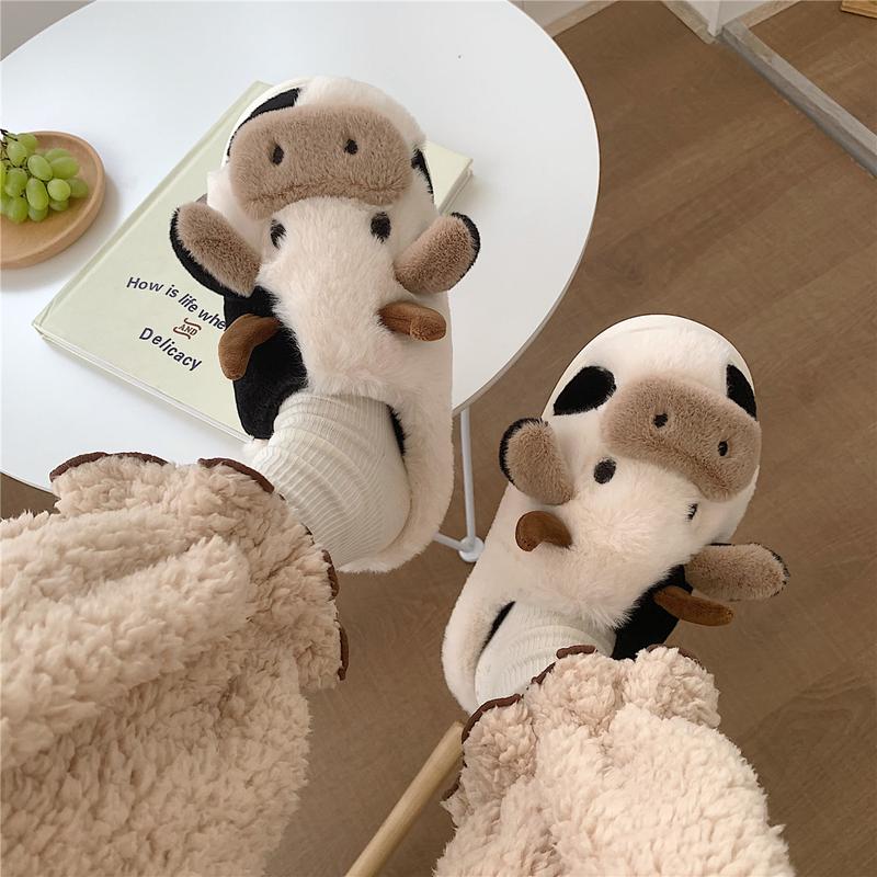 1 Pair Best-selling Cute Cow House Slippers for Couple, Kawaii Fuzzy Cozy Funny House Shoes, Cartoon Animal Design Plush Fluffy Slippers for Women & Men, Silent Anti-slip Slippers, Matching Trendy Warm Slippers