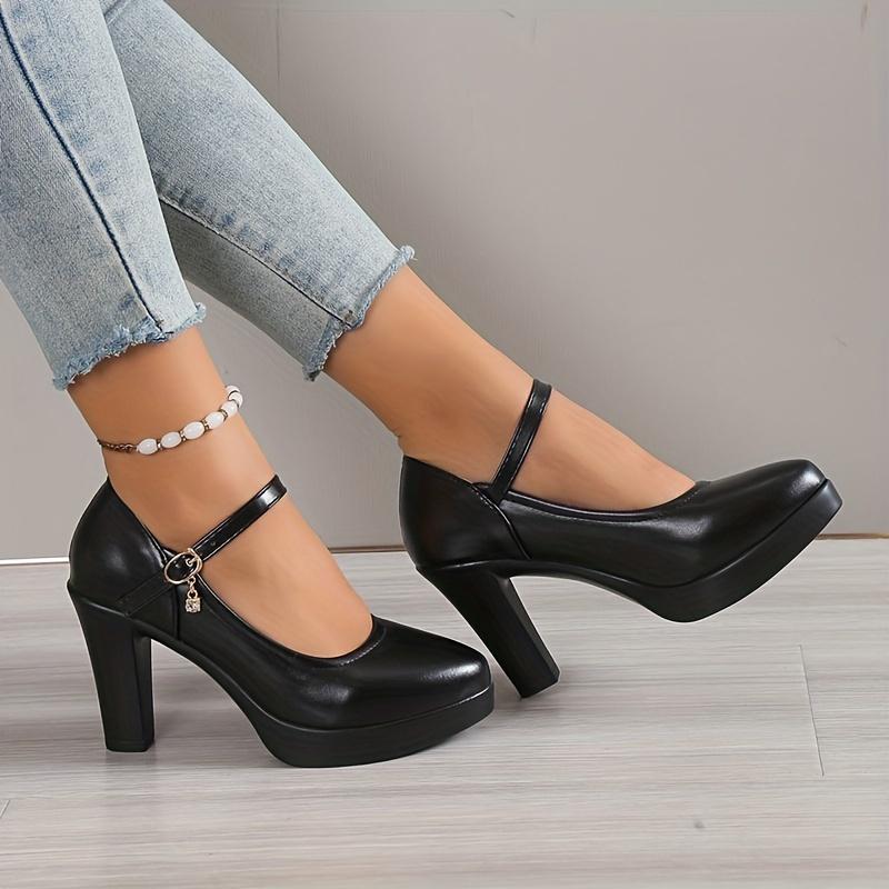 Women's Chunky Heels, Faux Leather Pointed Ankle Strap Mary Jane Pumps, All with Dress Shoes