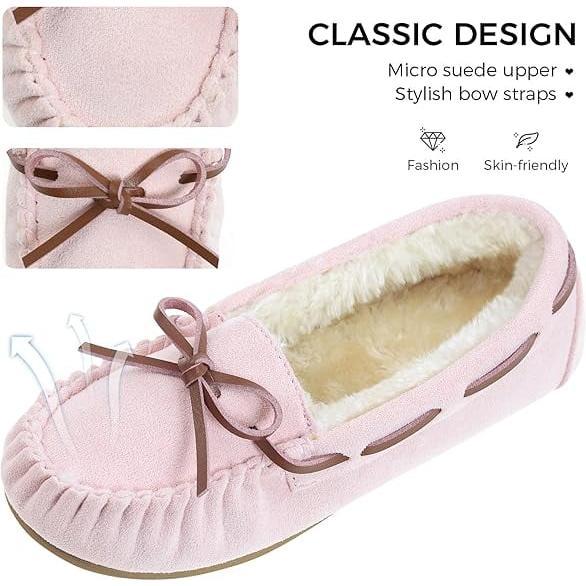 Women's Moccasin Slippers Micro Suede Warm Faux Fur Pile Lined Lace-Up Cozy Bow Indoor & Outdoor Moccasins Slip On Loafers Shoes for Women