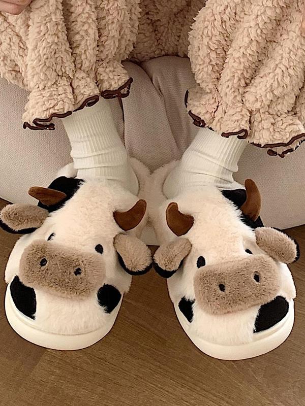 Women's Cartoon Cute Cow Design Plush Slippers, Warm Bedroom Fuzzy Platform Slippers for Daily Wear, Girl's Casual No-slip Chunky Slippers for Fall & Winter