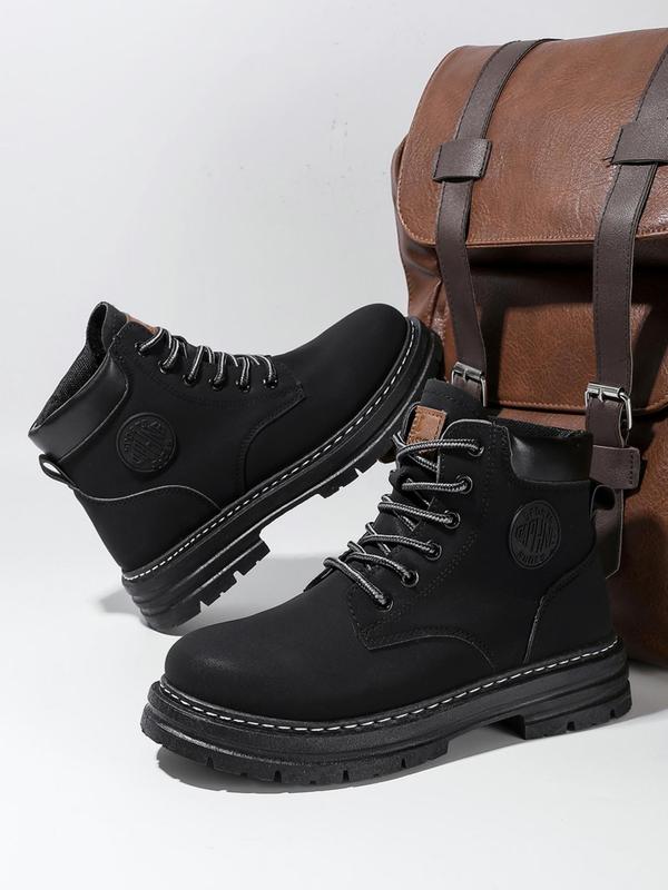 Men's Fashion Patched Design Lace up Pu Leather Boots, Casual Comfortable Mid-calf Boots for Boy, Fashion All-match Leisure Style Combat Boots for Daily Life, Winter Footwear