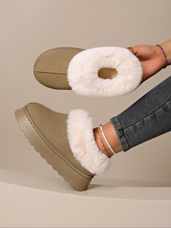 Women's Solid Color Fluffy Plush Lined Ankle Snow Boots, Casual Comfortable Warm Slip on Snow Boots for Winter, Female All-match Round Toe Shoes for Daily Wear