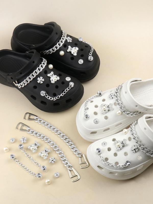 Cute Chain & Faux Pearl & Bear Decorated Shoes Jewelry (10 12pcs), Rhinestone Decor Shoes Accessories for Women's Clogs, Fashionable Shoes Accessories for Clogs