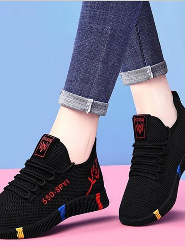 Women's Fashionable Letter & Floral Pattern Lace Up Round Toe Sneakers for Training, Simple Casual Comfortable Sports Shoes for Women for Daily Wear, 2024 Trendy Matching Running Shoes