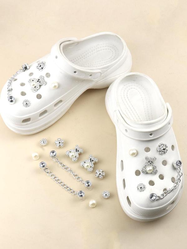 Cute Chain & Faux Pearl & Bear Decorated Shoes Jewelry (10 12pcs), Rhinestone Decor Shoes Accessories for Women's Clogs, Fashionable Shoes Accessories for Clogs