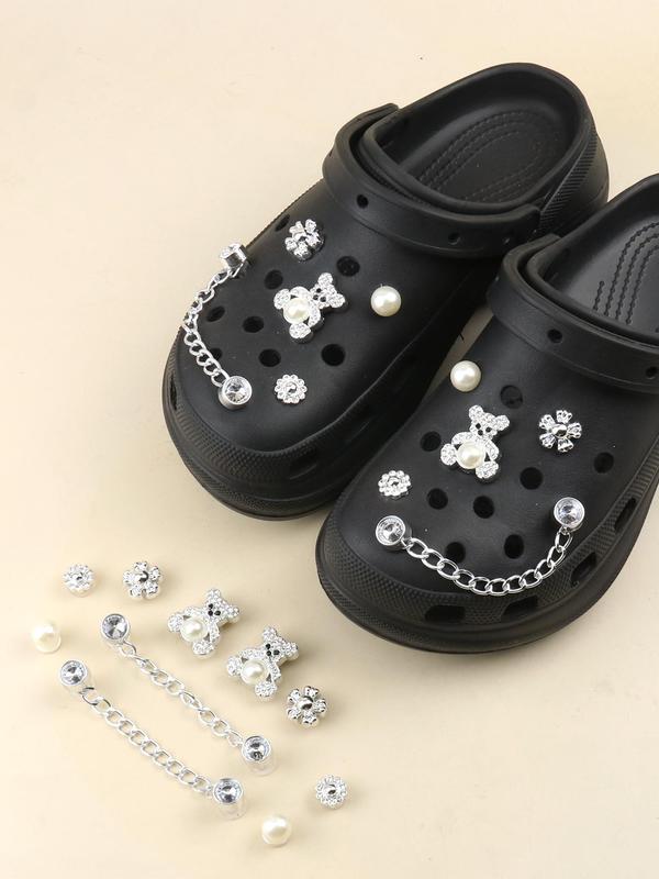 Cute Chain & Faux Pearl & Bear Decorated Shoes Jewelry (10 12pcs), Rhinestone Decor Shoes Accessories for Women's Clogs, Fashionable Shoes Accessories for Clogs