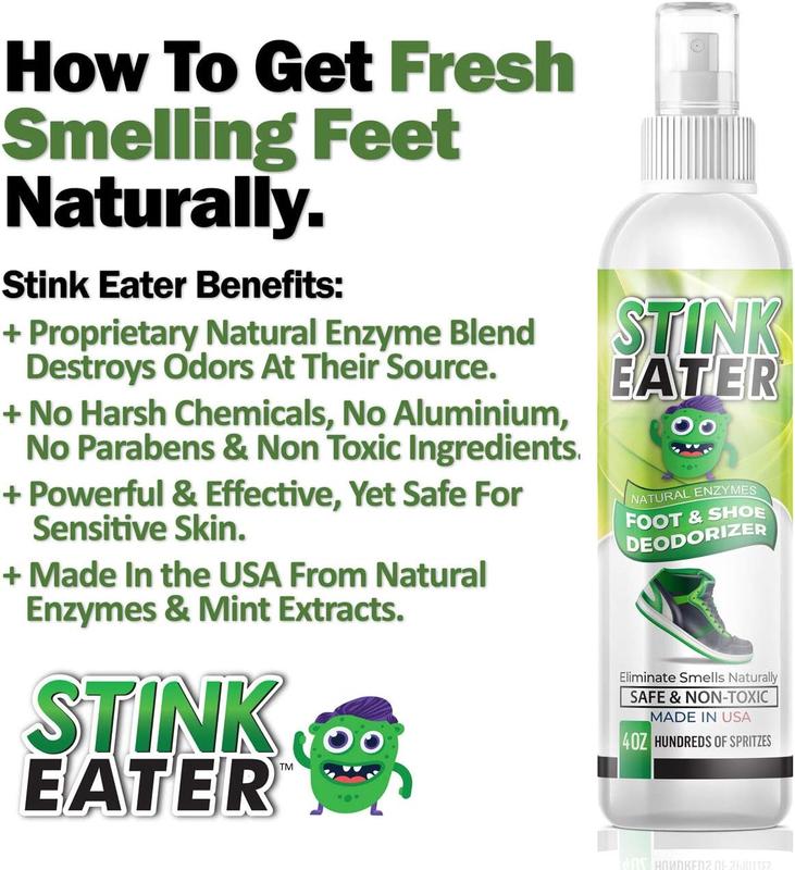 Stink Eater Natural Enzyme Shoe Deodorizer Spray, Foot Odor Eliminator Fresh Wipe Out Smells Made In the USA Footwear Comfort Bedroom Active Bathroom