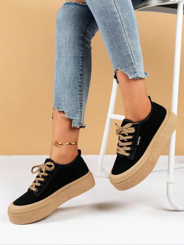 Solid Color Lace Up Low Top Platform Sneakers for Women, Casual Comfortable Sporty Skate Shoes for Outdoor Wear, Breathable Non-slip Shoes for Daily, Back To School, Walking Shoes, Fall Outfits, Fall Freshness 2024 Fall Shoes