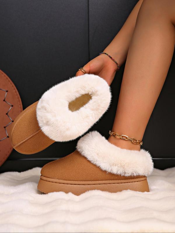 Women's Solid Color Fluffy Plush Lined Ankle Snow Boots, Casual Comfortable Warm Slip on Snow Boots for Winter, Female All-match Round Toe Shoes for Daily Wear