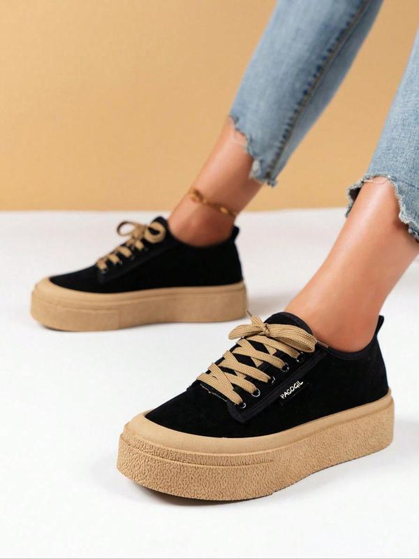 Solid Color Lace Up Low Top Platform Sneakers for Women, Casual Comfortable Sporty Skate Shoes for Outdoor Wear, Breathable Non-slip Shoes for Daily, Back To School, Walking Shoes, Fall Outfits, Fall Freshness 2024 Fall Shoes