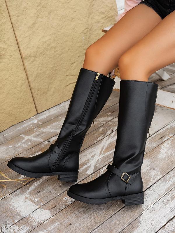 Women's Fashionable Solid Color Belted Design Boots, Casual Comfortable Round Toe Zipper Design Boots for Daily Wear, Retro Trendy Western Boots