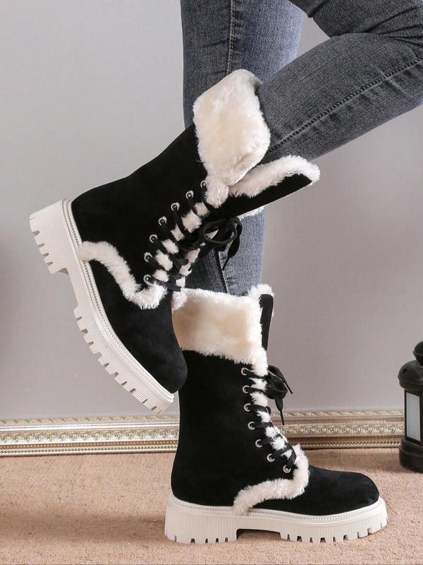 Women's Fashionable Contrast Faux Fur Snow Boots, Casual Warm Lace Up Boots for Winter, Female All-match Trendy Shoes for Daily Wear