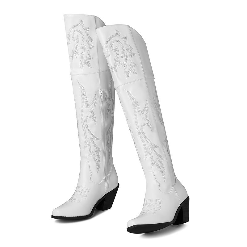 Over the Knee Cowgirl Boots for Women Pointed Toe Embroidered Western Boots with Side Zipper Chunky Long Cowboy Boots