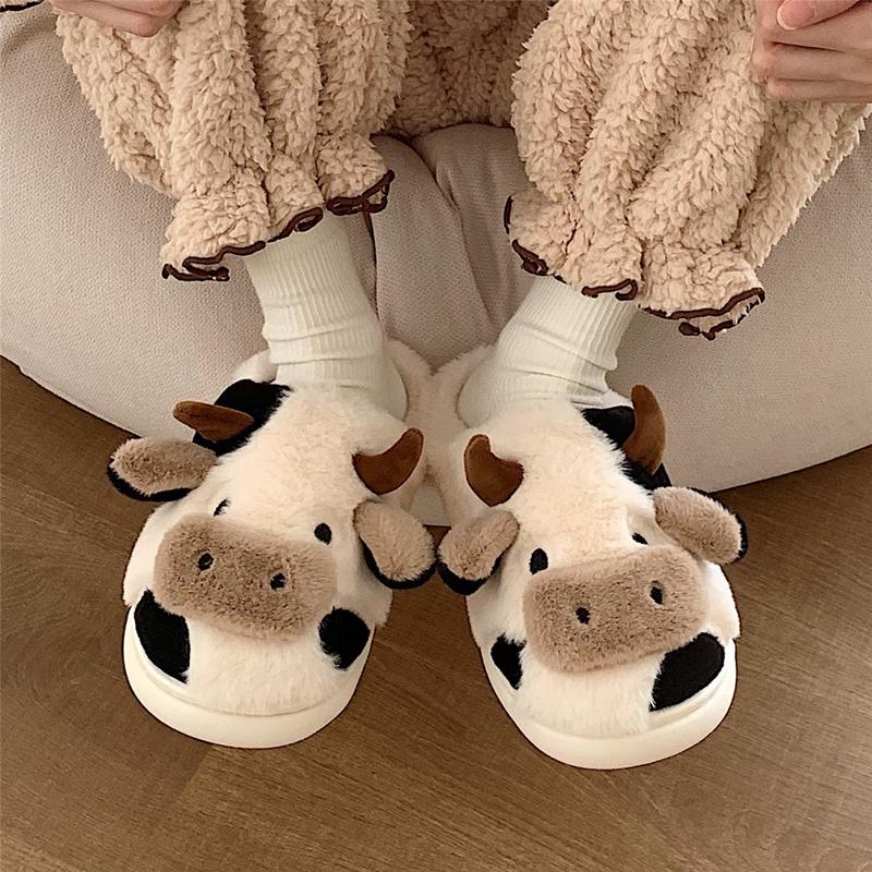 1 Pair Best-selling Cute Cow House Slippers for Couple, Kawaii Fuzzy Cozy Funny House Shoes, Cartoon Animal Design Plush Fluffy Slippers for Women & Men, Silent Anti-slip Slippers, Matching Trendy Warm Slippers