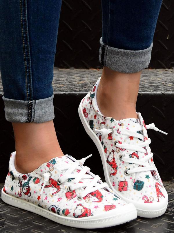 Women's Fashionable Cartoon Christmas Print Lace Up Low Top Sneakers, Casual Comfortable Round Toe Shoes for Daily Wear, Female All-match Shoes for Daily Wear