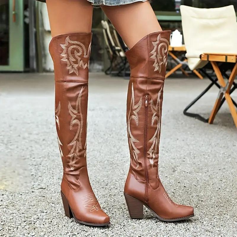 Over the Knee Cowgirl Boots for Women Pointed Toe Embroidered Western Boots with Side Zipper Chunky Long Cowboy Boots