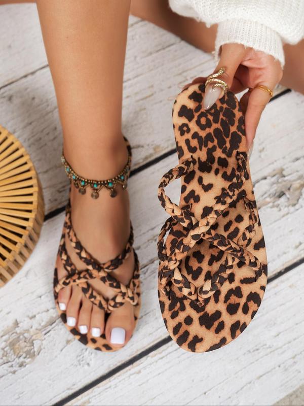 Women's Fashion Leopard Print Braid Design Flat Sandals, Casual Criss Cross Design Slippers, Lightweight Breathable Slippers for Summer Beach Vacation