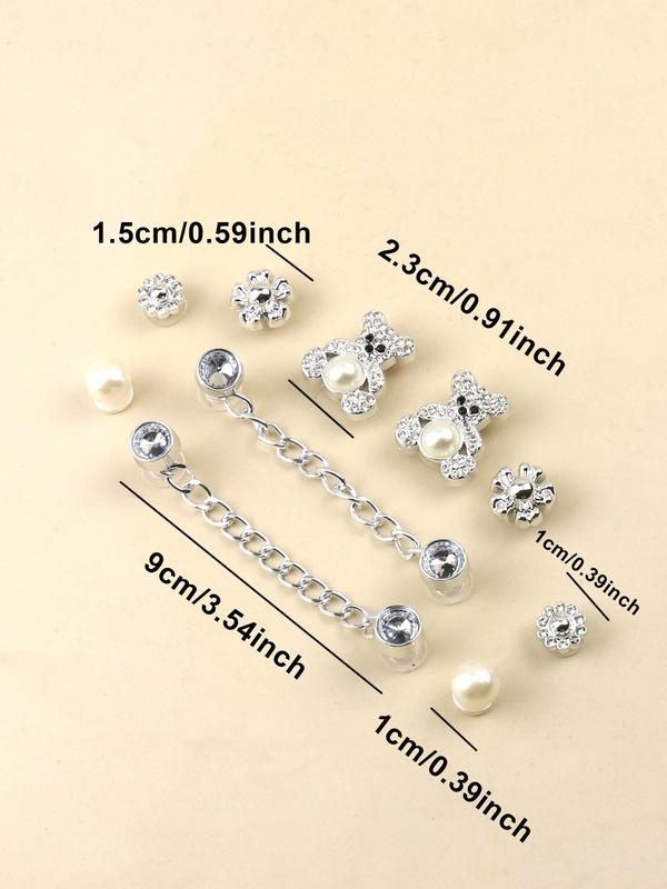 Cute Chain & Faux Pearl & Bear Decorated Shoes Jewelry (10 12pcs), Rhinestone Decor Shoes Accessories for Women's Clogs, Fashionable Shoes Accessories for Clogs