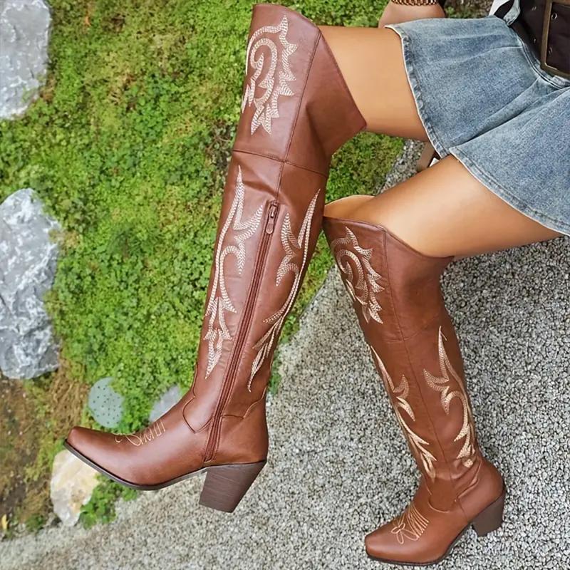 Over the Knee Cowgirl Boots for Women Pointed Toe Embroidered Western Boots with Side Zipper Chunky Long Cowboy Boots