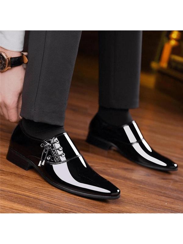 Men's Business Style Solid Color Lace-up Front Decor Glossy Dress Shoes, Low Top Pointed Toe Dress Loafers, Formal Shoes For Wedding, Work & Office Wear