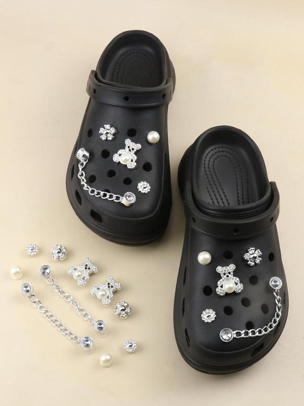 Cute Chain & Faux Pearl & Bear Decorated Shoes Jewelry (10 12pcs), Rhinestone Decor Shoes Accessories for Women's Clogs, Fashionable Shoes Accessories for Clogs