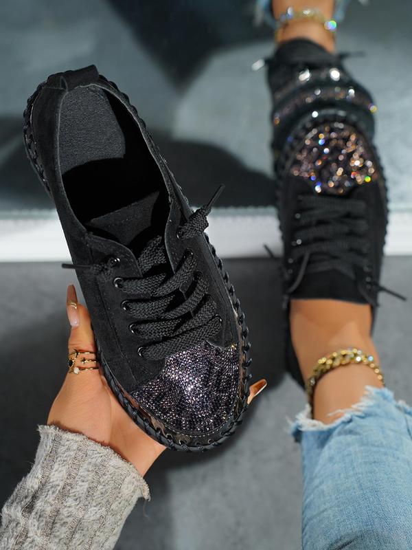 Women's Rhinestone Decor Lace Up Low Top Platform Sneakers, Casual Comfortable Sports Shoes for Daily Wear, Female All-match Round Toe Shoes for Daily Wear