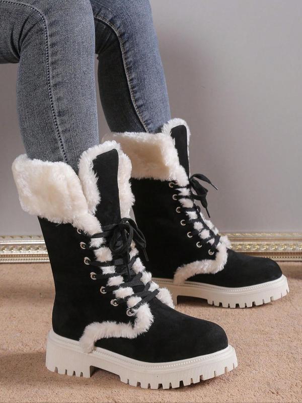 Women's Fashionable Contrast Faux Fur Snow Boots, Casual Warm Lace Up Boots for Winter, Female All-match Trendy Shoes for Daily Wear