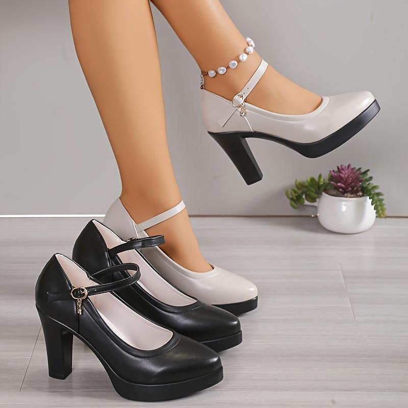 Women's Chunky Heels, Faux Leather Pointed Ankle Strap Mary Jane Pumps, All with Dress Shoes